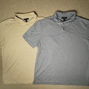 Van Heusen TWO (2) Short Sleeve Golf Polo Shirts Stripe Blue & Tan | Size Medium